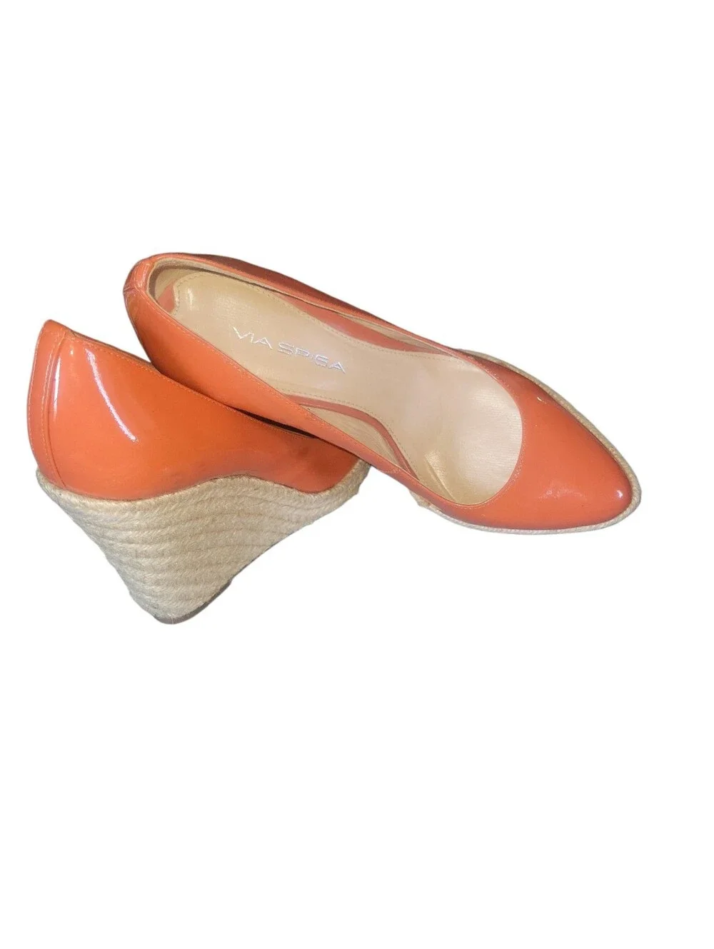 Via Spiga Vibrant  Orange Patent Leather Wedge Espadrille Woven Jute Sole 8